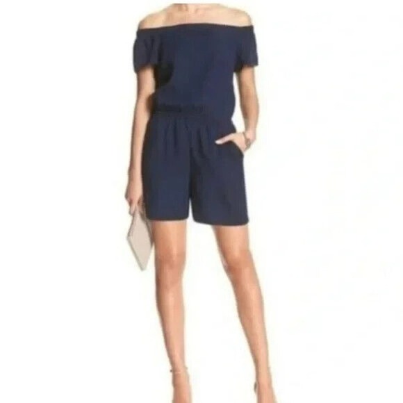 Banana Republic Off the Shoulder Dark Wash Elastic Waist Chambray Romper XS - Picture 1 of 12